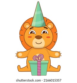 Cartoon charming lion sits with gifts and in a festive cap. Baby vector illustration
