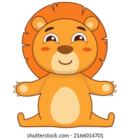 Cartoon charming lion sits and waits for a hug. Kids vector illustration