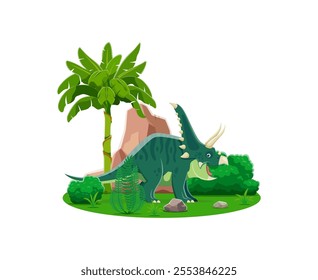 Cartoon chasmosaurus prehistoric dinosaur character. Cute jurassic dino with happy smile and funny horns vector personage. Prehistoric extinct herbivore lizard animal with jungle palm tree and plants