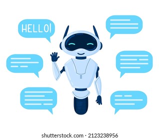 Personaje del robot de chat de caricatura, un lindo asistente en línea. Asistente personal amable, bot sonriente con burbujas de voz ilustrando el vector. Servicio al cliente de Chatbot. Tecnología inteligente digital