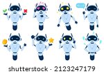 Cartoon chat bot characters, online virtual assistant mascot. Artificial intelligence service machine, friendly personal assistant vector illustration set. Chat bot character with different feelings