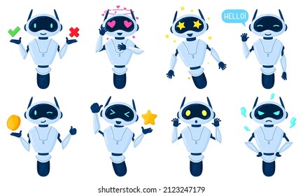 Cartoon chat bot characters, online virtual assistant mascot. Artificial intelligence service machine, friendly personal assistant vector illustration set. Chat bot character with different feelings