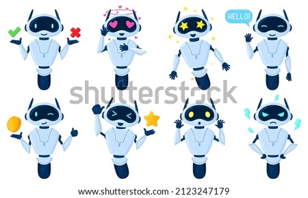 Cartoon chat bot characters, online virtual assistant mascot. Artificial intelligence service machine, friendly personal assistant vector illustration set. Chat bot character with different feelings