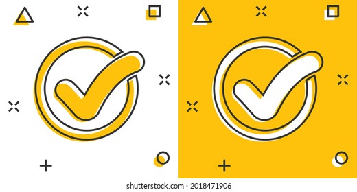 Cartoon check mark icon in comic style. Approved illustration pictogram. Ok sign splash business concept.