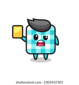 cartoon checkered tablecloth character as a football referee giving a yellow card , cute style design for t shirt, sticker, logo element