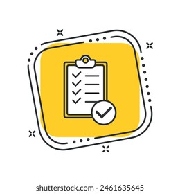 Icono de lista de verificación de caricaturas Ilustración vectorial. Documento de informe sobre fondo cuadrado amarillo aislado. Concepto de signo de lista.