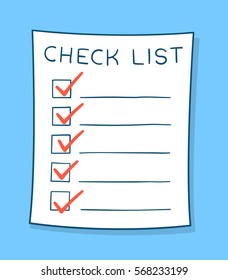 Cartoon Checklist With Red Check Marks And Blank Copy Space On Lines Over A Blue Background, Vector Illustration