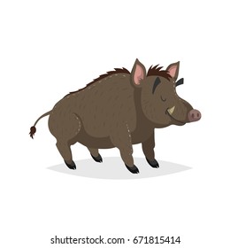 Cartoon cheerful adult boar. Forest Europe and North America animal. Flat with simple gradients trendy design. Education vector illustration.