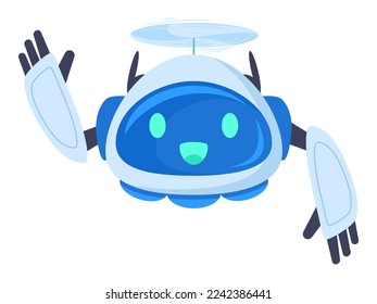 Avión teledirigido alegre. Drone volador moderno con hélices, lindo robot cuadcopter ilustración vectorial plana sobre fondo blanco