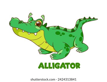 Cartoon Cheerful Cartoon Alligator Character With A Toothy Grin. Whimsical And Green Crocodile Kids Personage