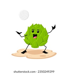 Cartoon cheerful artichoke vegetable character playing beach volleyball on a fun-filled summer vacation. Isolated vector veg personage on holidays enjoying the sun and sand during active outdoor game