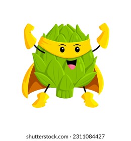 Cartoon cheerful artichoke vegetable superhero character. Farm veggie strong hero, artichoke defender isolated vector comical mascot. Vegetable warrior cheerful personage posing in cape and mask