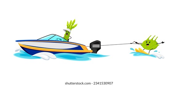 Cartoon cheerful asparagus and kohlrabi vegetable characters on summer beach vacation riding jet ski. Vector veggies sportsman riding water skis on rope and boat. Watersport recreation, activity, fun