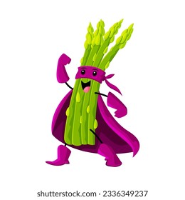 Cartoon cheerful asparagus vegetable superhero character. Farm vegetable defender, superhero or warrior isolated vector comical personage. Asparagus hero cute mascot in violet mask and cape