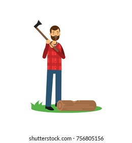 Cartoon cheerful bearded lumberjack man standing with axe in hands, log lying on green grass