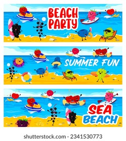 Cartoon cheerful berry characters on summer beach. Tropical resort travel vector banners with strawberry, grape, blackcurrant and blueberry, raspberry, gooseberry personage on ski jet and surfing