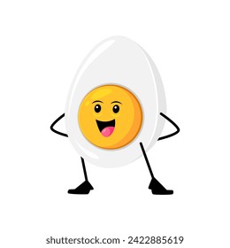 Cartoon cheerful boiled egg breakfast character. Isolated vector grinning food personage, with a vibrant yellow yolk, reveal a friendly face, wishing good morning and spreading joy with enthusiasm