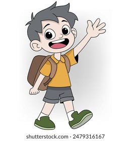 Cartoon of a cheerful boy with a backpack, happily waving. Perfect for school and children's themes.