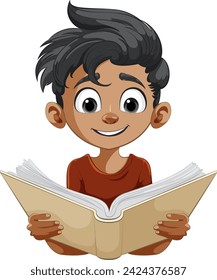 Cartoon of a cheerful boy reading an open book