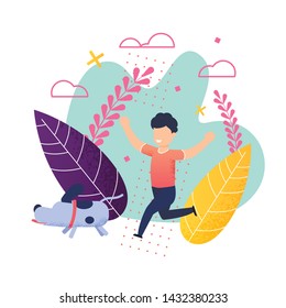 Cartoon cheerful Boy Running with Dog Illustration. Vector Child Enjoying Summer Recreation and Vacation. Kid Walking Puppy. Happy Childhood. Outdoors Activities and Pet Care. Flat Natural Design