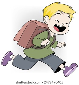 Cartoon of a cheerful boy running with a large backpack. Perfect for back-to-school themes.