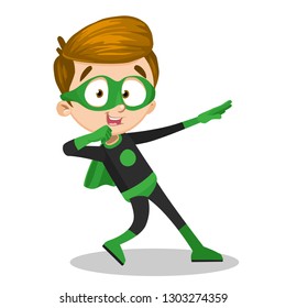 Cartoon cheerful boy wearing super hero costume. Brunette happy kid posing vector illustration. Isolated on white background