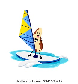 Caricatura de alegres nueces de brasil en las vacaciones de verano en la playa. Personaje vectorial aislado aventurero del núcleo disfrutando de la actividad del windsurf, deslizándose a través de las olas y sintiendo la emoción del mar