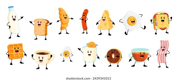 Cartoon cheerful breakfast characters. Vector set of milk bottle and glass, toast, croissant, sausage or cheese. Fried and boiled eggs, coffee or tea cup, donut, wafers and bacon isolated personages