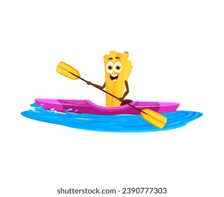 El animado personaje de pasta Bucatini rema un kayak bajo el sol en una aventura vacacional de verano. Personaje de fideos divertidos vectoriales aislados disfrutando de actividades recreativas en la playa y deportes acuáticos en las olas del mar