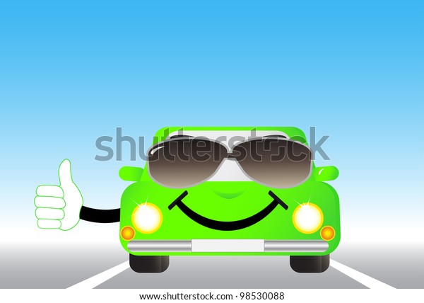 cartoon\
cheerful car on road and showing thumb\
up