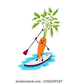 Cartoon cheerful carrot vegetable character float on supboard with paddle in hand. Isolated vector healthy food personage enjoying outdoor activities on beach. Fresh vitamin on summer coastal vacation