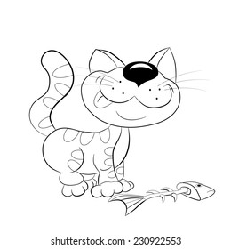 Cartoon cheerful cat ate the fish and licked. Coloring book.