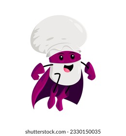 Cartoon cheerful champignon mushroom superhero character. Mushroom warrior or defender isolated vector funny mascot. Champignon strong hero comical personage flying in violet cape and mask