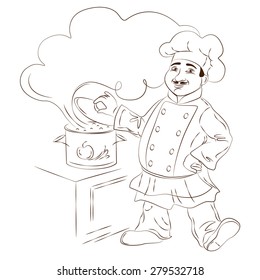 Cartoon cheerful chef  outlined on white background with space for text.  