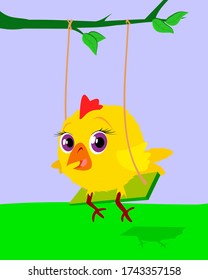  Cartoon cheerful chick is swinging on a swing and is happy.Vector illustration for children