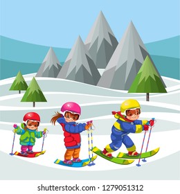 Cartoon cheerful childrens moving on ski in suit