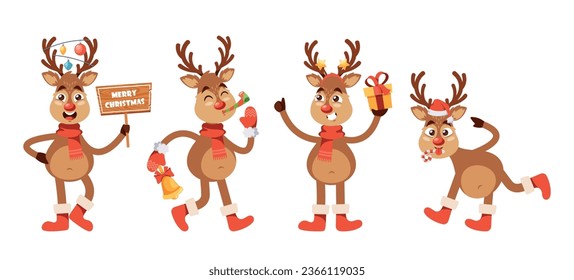 Cartoon Cheerful Christmas Deer Character, Adorned With Red Gloves, Scarf And A Bright Red Nose, Holding Banner