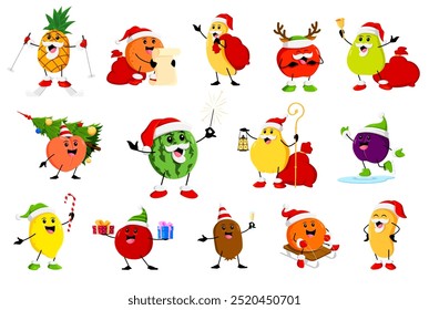 Cartoon cheerful Christmas holiday fruit characters. Christmas season or happy New Year celebration funny tropical fruits vector personages of pineapple, orange, banana and apple, guava, peach