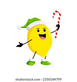 Cartoon cheerful Christmas holiday lemon fruit character wearing an elf hat, holding candy cane. Isolated vector cheerful citrus personage joyfully celebrates Xmas, adding festive cheer to celebration