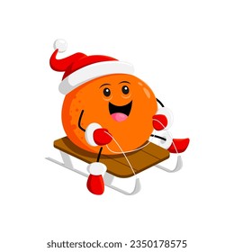 Cartoon cheerful Christmas holiday orange fruit character joyfully sleds through a winter wonderland. Isolated vector cheerful citrus personage wear Santa hat bringing smiles and festive spirit to all