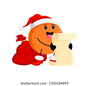 Cartoon cheerful Christmas holiday orange fruit Santa character with gifts bag reading scroll with the wishes. Isolated vector citrus fruit personage wear father Noel hat holding long parchment list