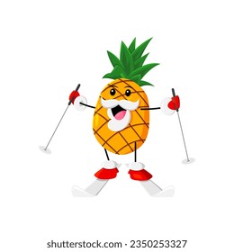 Cartoon cheerful Christmas holiday pineapple fruit character skiing. Isolated vector tropical juicy fruit personage with a big smile, showcasing a fun and playful winter activity during Xmas vacations