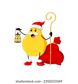 Cartoon Cheerful christmas holiday quince fruit character wear Santa Claus hat. Isolated vector xmas Father Noel juicy personage holding wooden staff, lantern and gifts bag, deliver presents and joy