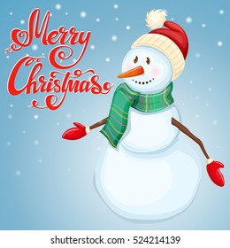Cartoon cheerful Christmas snowman on snowy background. Vector.
