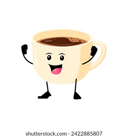 Caricatura alegre café taza de desayuno personaje. Personaje vectorial aislado de bebida perky con una gran sonrisa, adornado con espuma aromática, irradia calor y entusiasmo, trae alegría al día en cada sorbo