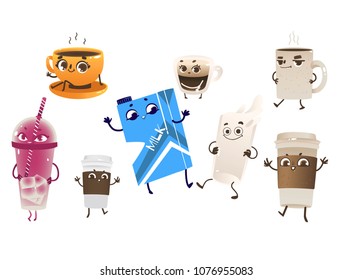 Cartoon cheerful coffee cup, tea mug and milk packaging, smoothie glass characters. Funny humanized drinks with legs, arms and happy face emotions. Morning beverages, vector illustration collection