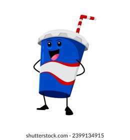 Cartoon cheerful cola cup funny takeaway fast food character. Isolated vector disposable mug personage with straw, wide smiling face, red and blue color. Bubbly drink exudes happiness and refreshment