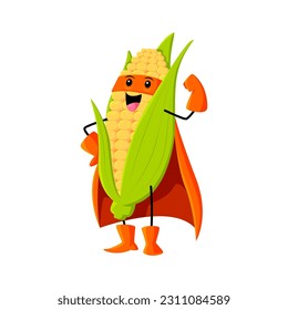 Cartoon cheerful corn vegetable superhero character. Farm cereals hero or warrior isolated vector comical personage. Corn strong defender childish mascot posing in orange mask and cape