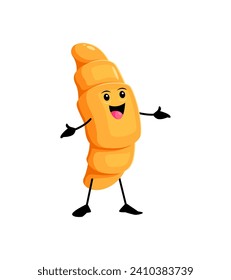 Cartoon cheerful croissant breakfast character. Isolated vector bakery personage, funny baked product cheer with outstretched arms gesture. Cute joyful sweet dessert, happy food for kids cafe menu