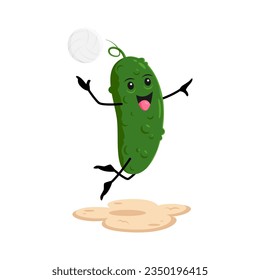 Cartoon cheerful cucumber vegetable character playing volleyball on summer beach vacation. Isolated vector raw veg personage having outdoors fun and recreation at sea resort, relax on ocean shore